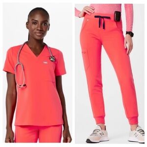 NWOT Figs scrub set Fiery Coral neon orange XS top XXS bottoms